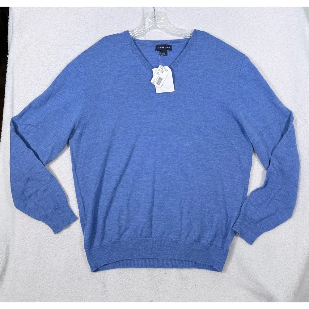 Vintage Lands End Mens Large Blue 100% Wool V-Neck Sweater Made in USA NWT 93718